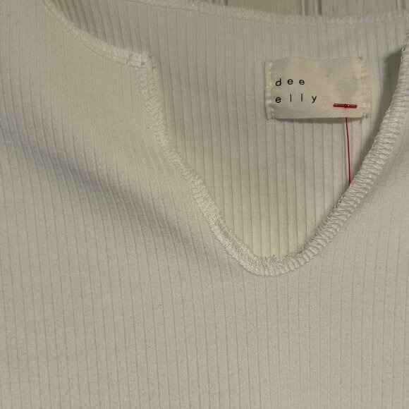 Dee Elly White Ribbed Cropped Long Sleeve Top Size M | Minimalist Y2K Basic - Picture 2 of 3
